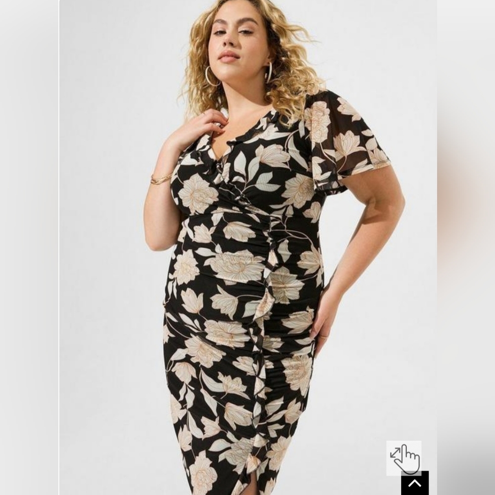 At The Knee Mesh Surplice Ruffle Slit Dress